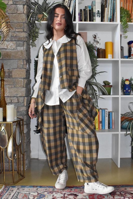 Nora Brushed Cotton Gingham Trapeze Waistcoat Deep Olive